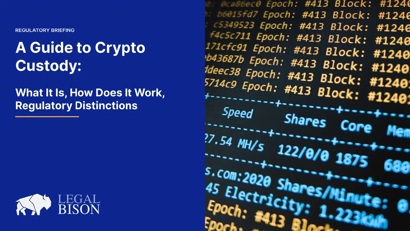 Terminal screen of blockchain mining statistics beside the crypto custody title card