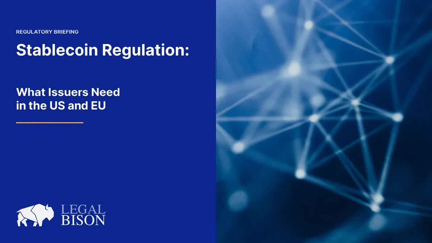 Abstract network of glowing nodes on a deep blue background illustrating stablecoin regulation