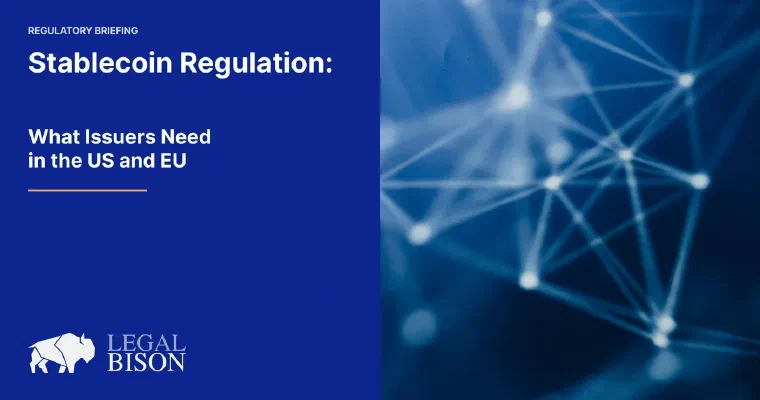 Abstract network of glowing nodes on a deep blue background illustrating stablecoin regulation